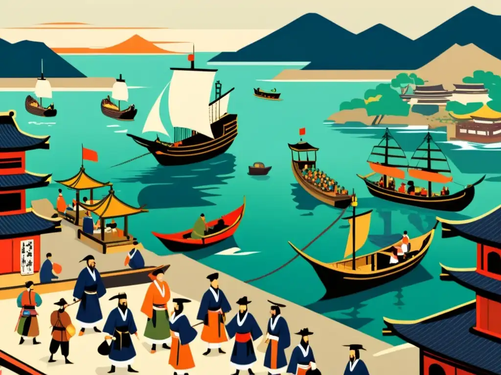 Una ilustración detallada estilo documental de un bullicioso puerto en el Japón antiguo, con barcos japoneses tradicionales y actividad pirata