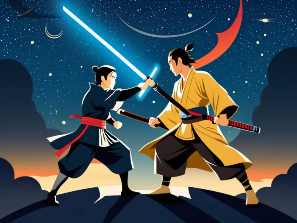 Una ilustración detallada de un samurái japonés y un Jedi con katanas y sables de luz bajo un cielo estrellado