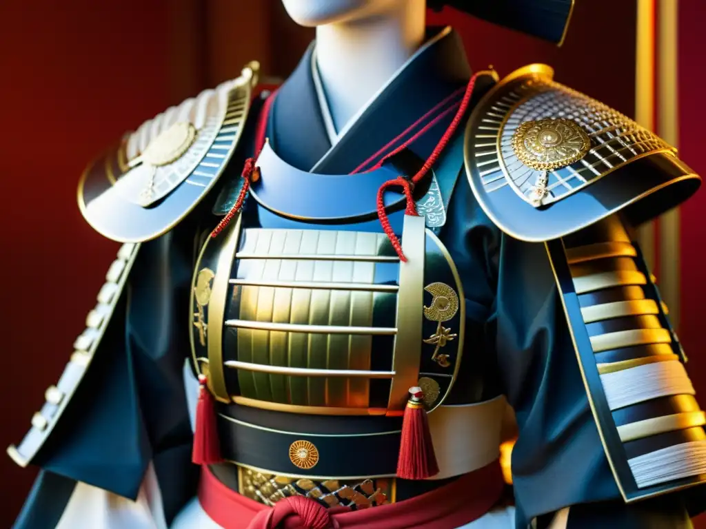 Armadura de Onnabugeisha: Tradición y Detalles Una imagen de alta resolución que muestra la armadura de una onnabugeisha japonesa, detallando el trabajo en metal y laca