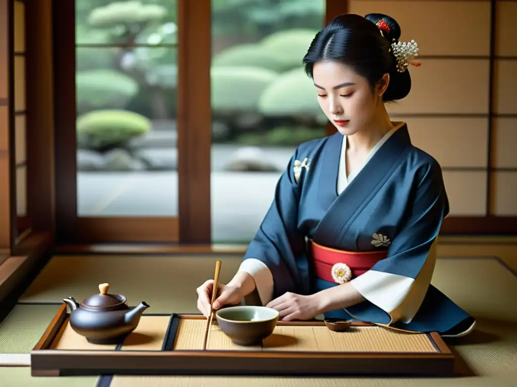 Imagen de alta resolución que muestra una ceremonia del té japonesa, resaltando el rol de la esposa samurái en la cultura y costumbres japonesas