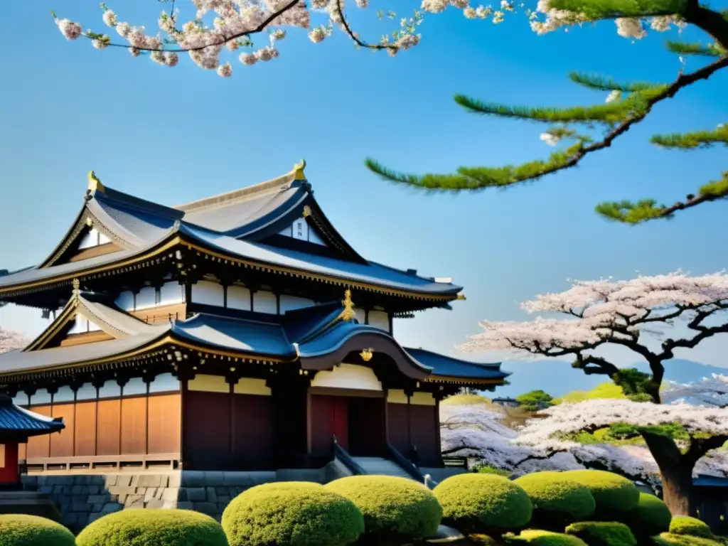 Imagen de alto detalle del Castillo de Sendai y el Mausoleo de Date Masamune, rodeados de cerezos en flor