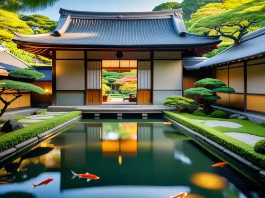 La imagen muestra la ancestral casa de Ryoma Sakamoto, con arquitectura japonesa tradicional, un jardín sereno y un estanque de peces koi