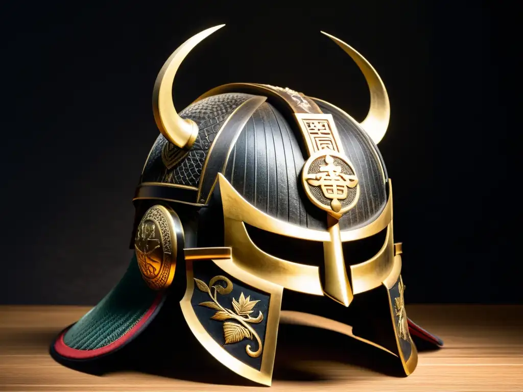 La imagen muestra un antiguo y desgastado casco de samurai con intrincados grabados, resaltando su importancia histórica