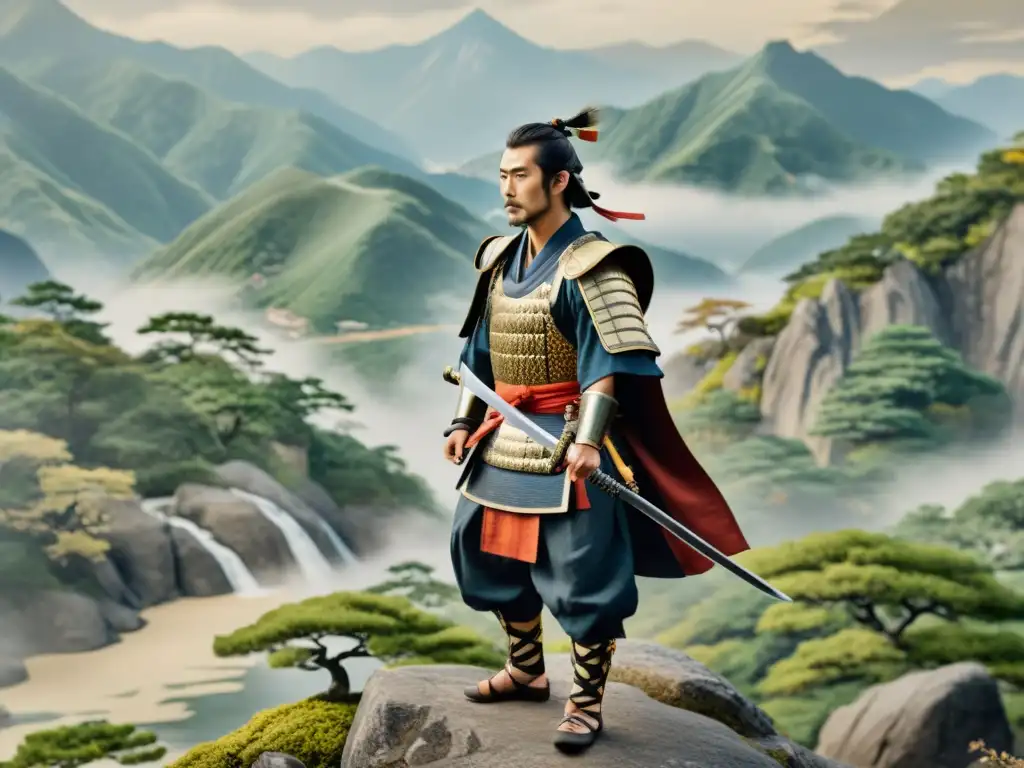 Samurai en armadura: antiguo pergamino japonés en 8k Imagen de un antiguo pergamino japonés con un samurái en armadura tradicional, en un paisaje de montaña sereno