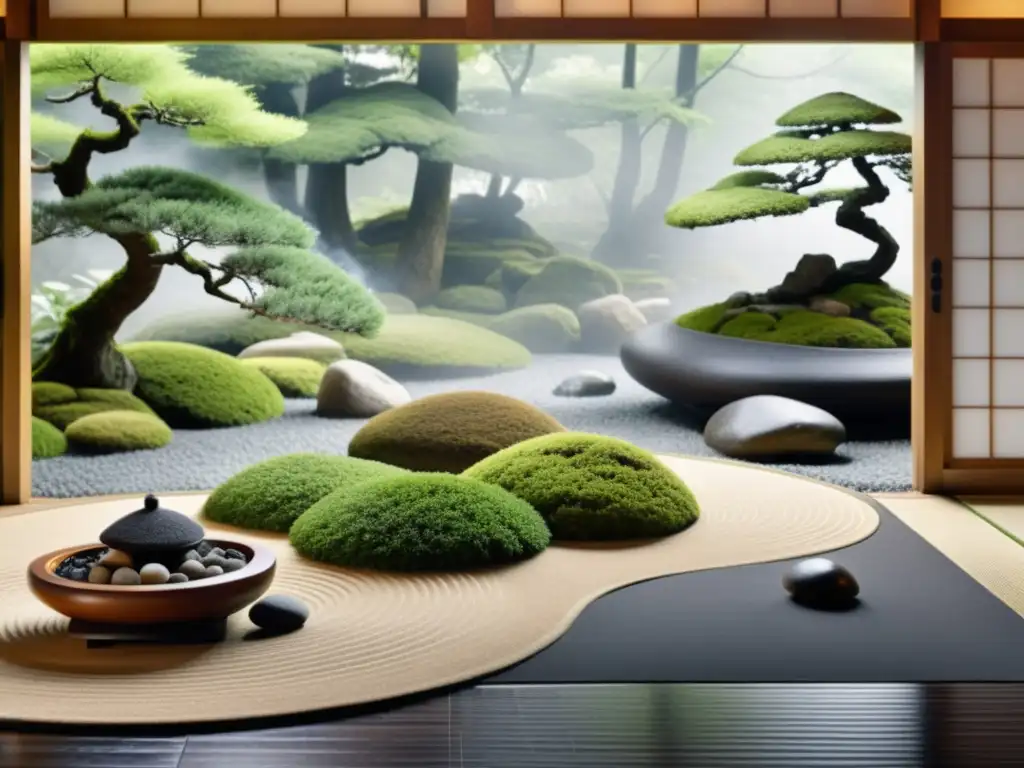 Imagen 8k de un apacible jardín zen con árboles bonsái, un arroyo y una casa de té japonesa, mostrando la influencia del Shinto y Budismo en samurái