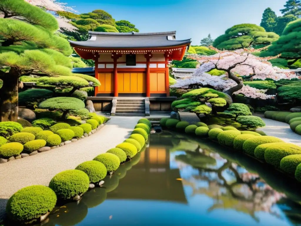 Imagen de un apacible jardín en Kyoto, Japón, con bonsáis, cerezos y una casa de té, reflejando la filosofía del Bushido en sociedad