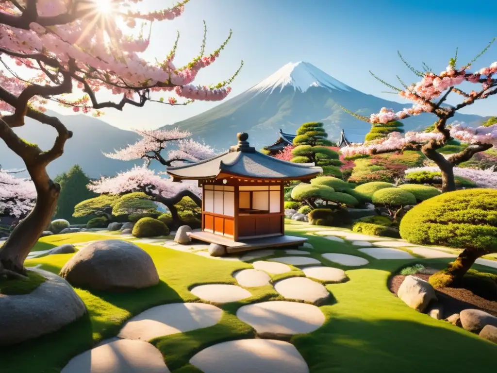 Imagen de un apacible jardín japonés con bonsáis, camino de piedra y casa de té entre cerezos en flor