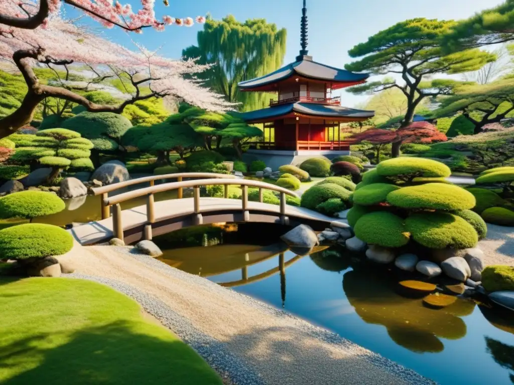 Imagen 8k de un apacible jardín japonés con puente sobre estanque, rodeado de naturaleza exuberante y pagoda al fondo