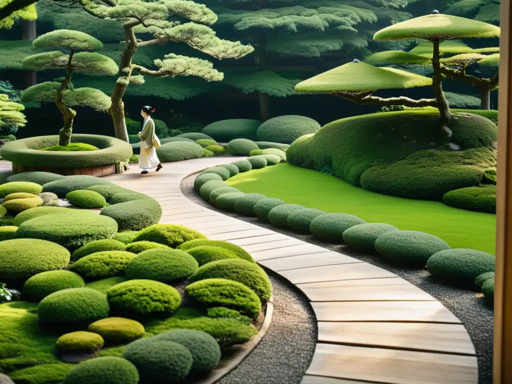 Imagen de un apacible jardín japonés con un ritual del té samurái contemporáneo, transmitiendo una atmósfera de tradición y contemplación