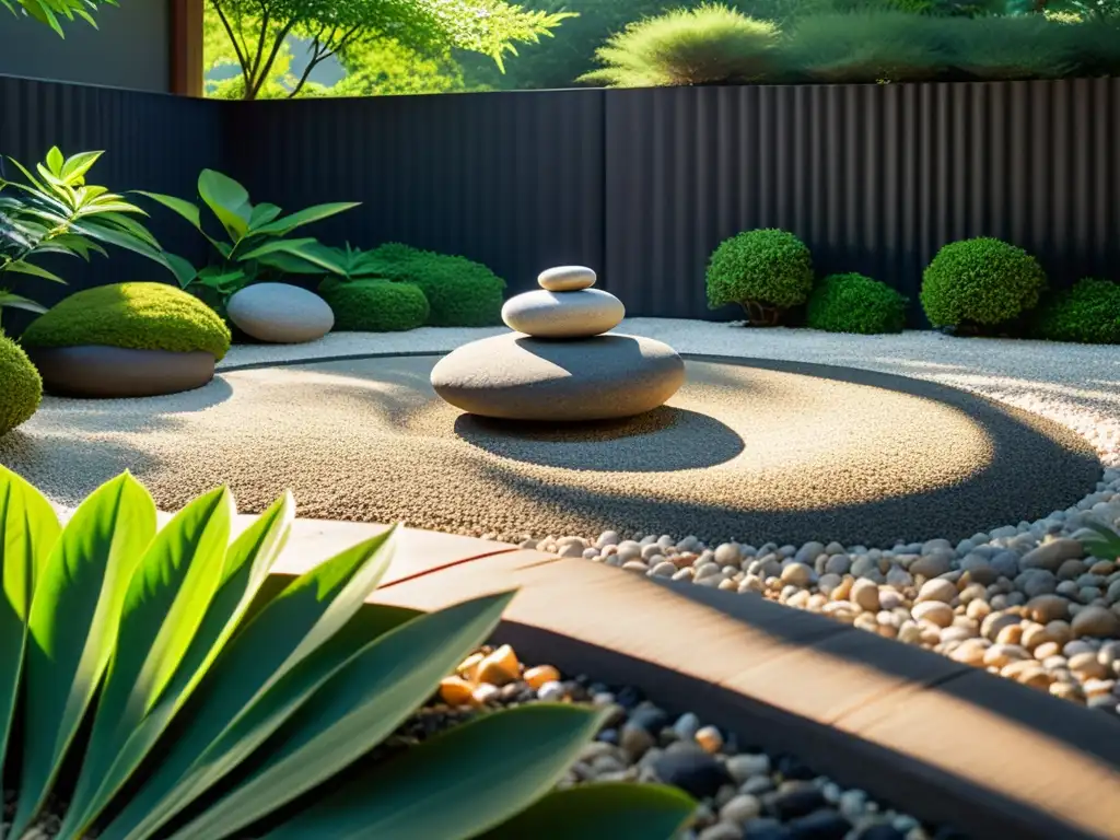 Imagen de un apacible jardín Zen con prácticas para controlar ansiedad, con grava, rocas y exuberante vegetación