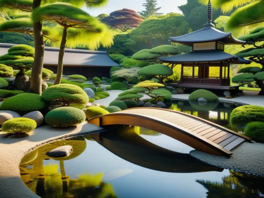 Zen garden sereno y detallado en 8K Imagen 8K de un apacible jardín Zen con pagoda y puente de madera en un entorno natural