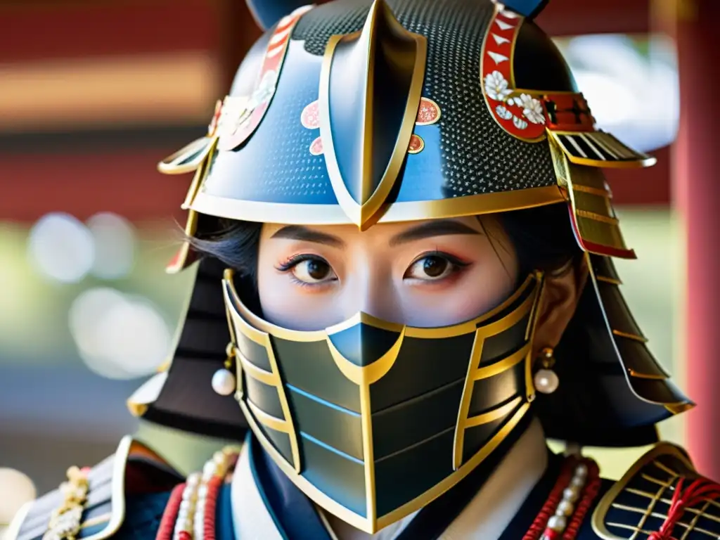 La imagen muestra la armadura de una samurái japonesa, con una elegante combinación de feminidad y ferocidad en la cultura samurái