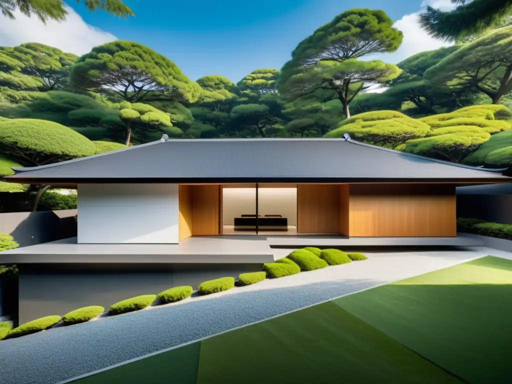 Imagen de arquitectura samurái moderna funcional, con líneas limpias, estética minimalista y elegancia natural en el jardín japonés