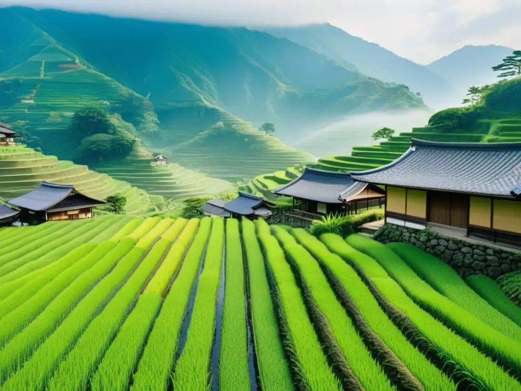 Imagen de arrozales en Japón feudal, con economía samurái y paisaje montañoso neblinoso