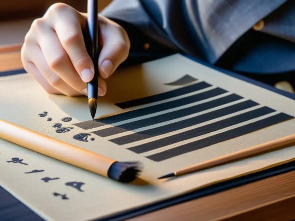 Maestro de caligrafía japonesa escribe poema jisei Una imagen de un artista japonés escribiendo un poema jisei con un pincel tradicional sobre papel washi, destacando la tradición del Jisei en samuráis