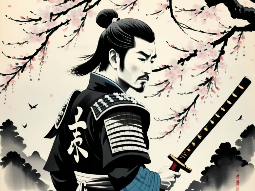 La imagen muestra una representación artística del Bushido con un samurái en armadura tradicional y una katana, rodeado de árboles de cerezo en flor