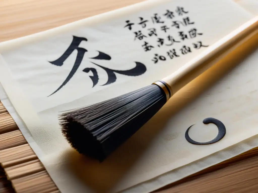 Una imagen de la belleza serena de la estética del haiku en samurái, con un pincel de caligrafía japonesa sobre papel de arroz en una suave luz cálida