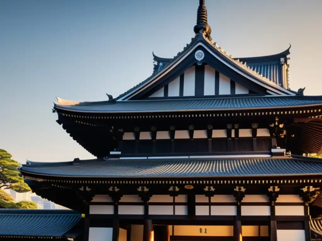 Imagen en blanco y negro del antiguo templo Honnōji, destacando su arquitectura detallada en contraste con el paisaje urbano