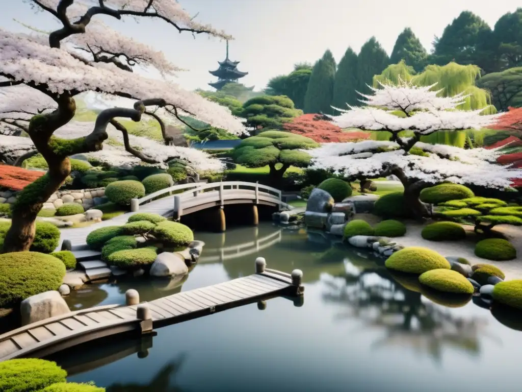 Imagen en blanco y negro de un apacible jardín japonés con bonsáis, estanque de carpas y templo entre cerezos en flor