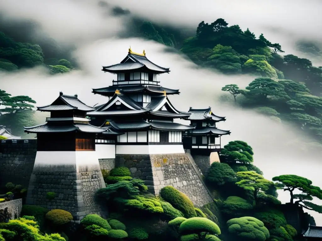 Fortaleza samurái: misterio y precisión en blanco y negro Imagen en blanco y negro de un castillo samurái, reflejando su construcción precisa y principios filosóficos en la neblina serena