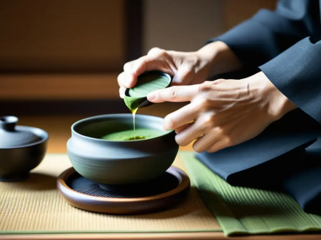 Imagen en blanco y negro de una ceremonia japonesa del té, con movimientos delicados del maestro preparando matcha