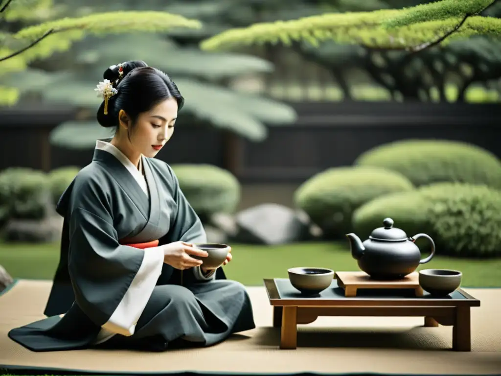 Imagen en blanco y negro de una ceremonia de té japonesa tradicional en un jardín sereno, mostrando la influencia confuciana en el arte samurái