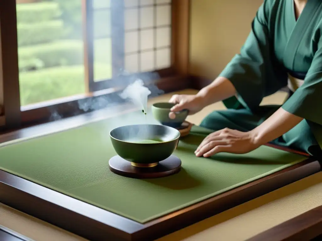 Una imagen en blanco y negro de una ceremonia del té japonesa, con la influencia del Zen en el Bushido reflejada en la serena atmósfera y las meticulosas acciones del maestro del té