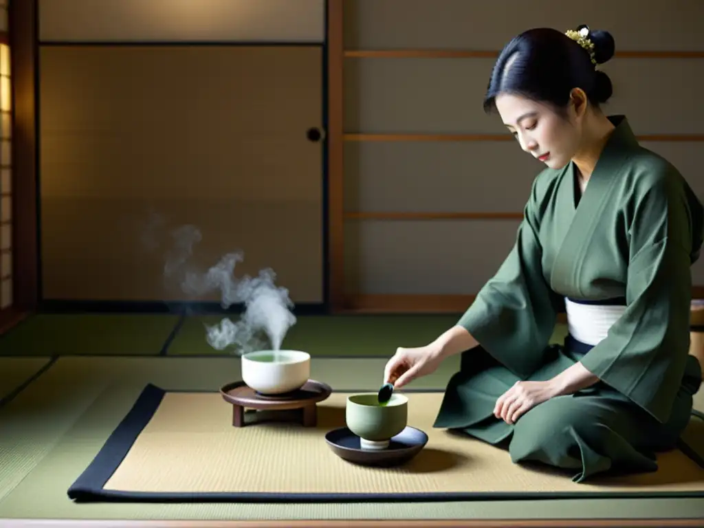 Imagen en blanco y negro de una ceremonia del té japonesa tradicional en una sala minimalista de tatami