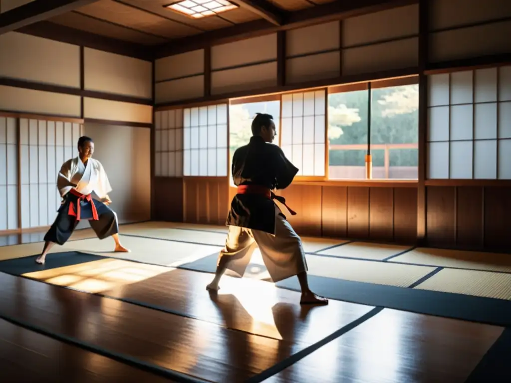 Imagen en blanco y negro de un dojo japonés tradicional con práctica de samuráis, evocando la Ética del Samurai Bushido interpretación