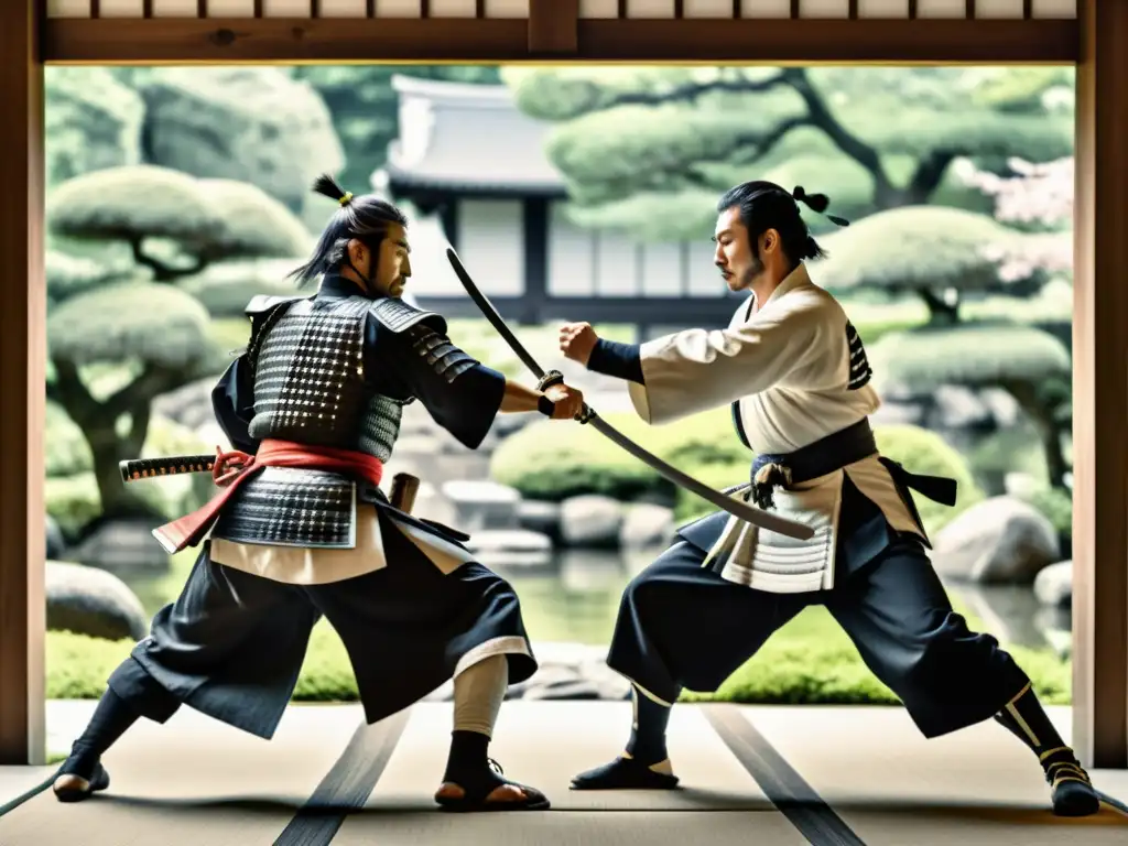 Imagen en blanco y negro de una dramática coreografía de lucha de samuráis en un jardín japonés, con guerreros preparados para el combate