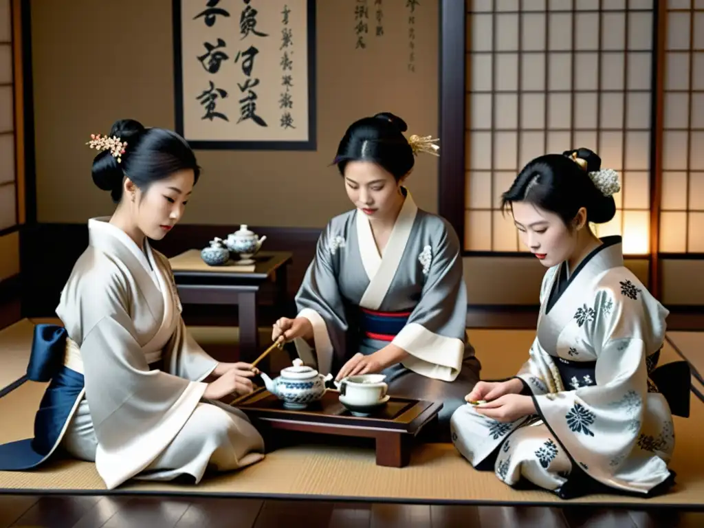 Imagen en blanco y negro de esposas samurái realizando un ritual del té con elegancia en una habitación serena, evocando el rol de la esposa samurái