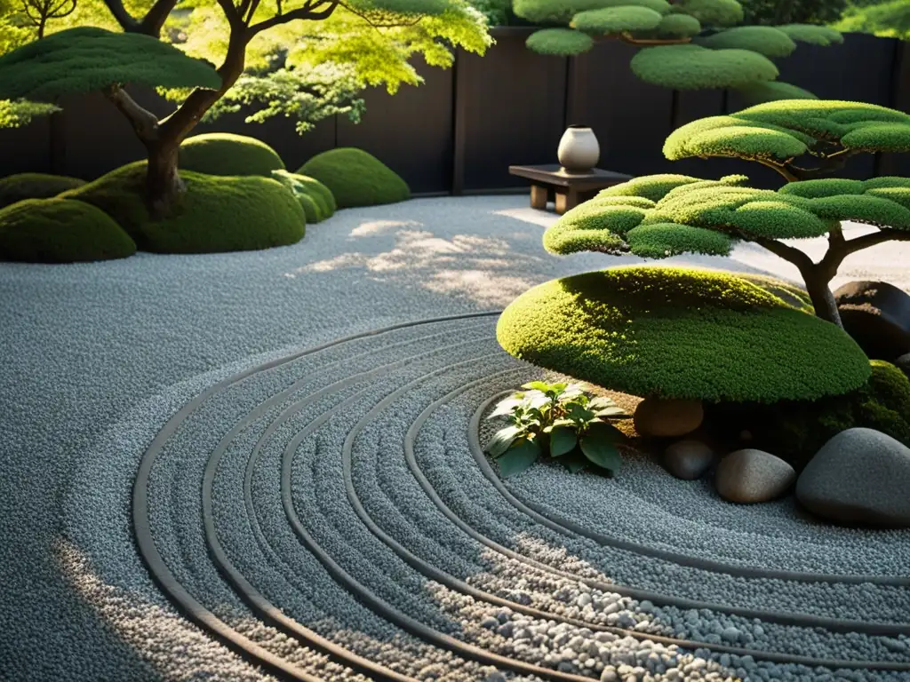 Imagen en blanco y negro de un jardín Zen japonés tradicional, con grava cuidadosamente rastrillada, rocas colocadas con precisión y árboles podados