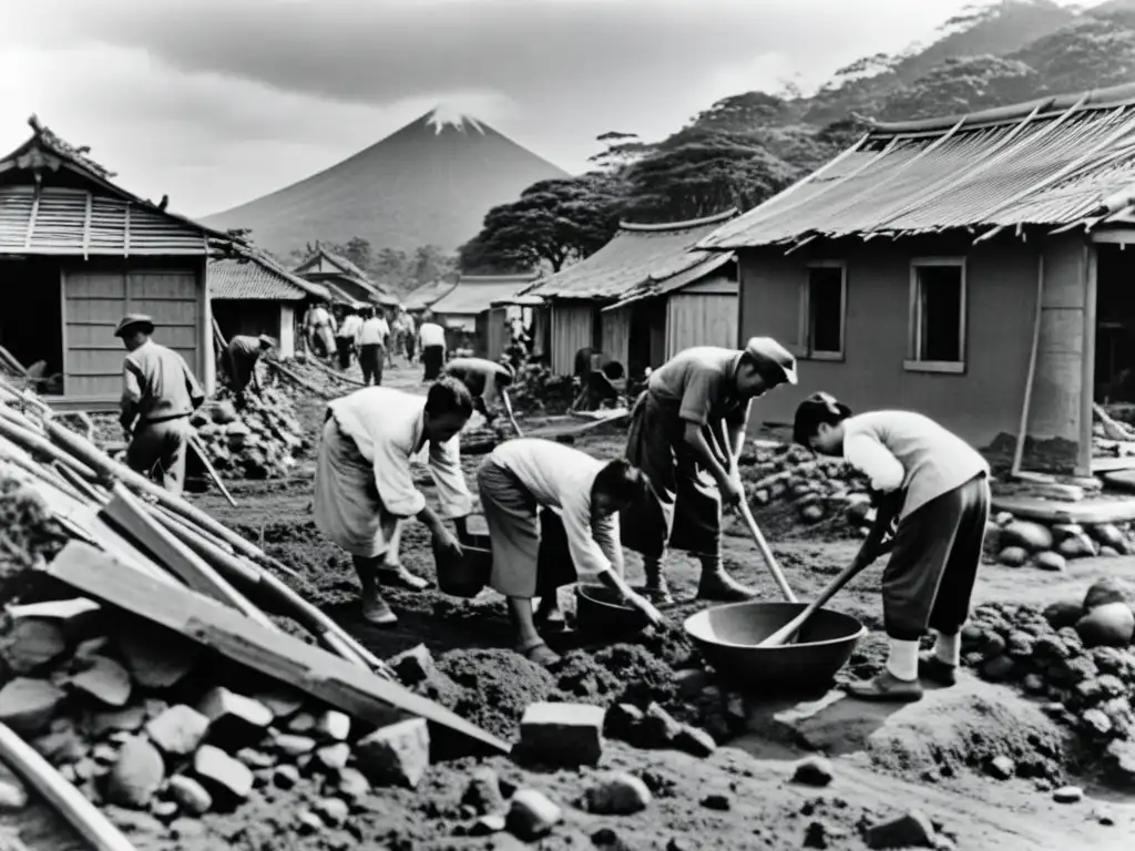 Imagen en blanco y negro de japoneses reconstruyendo tras la Guerra de Namamugi, mostrando determinación y esperanza en medio de la devastación