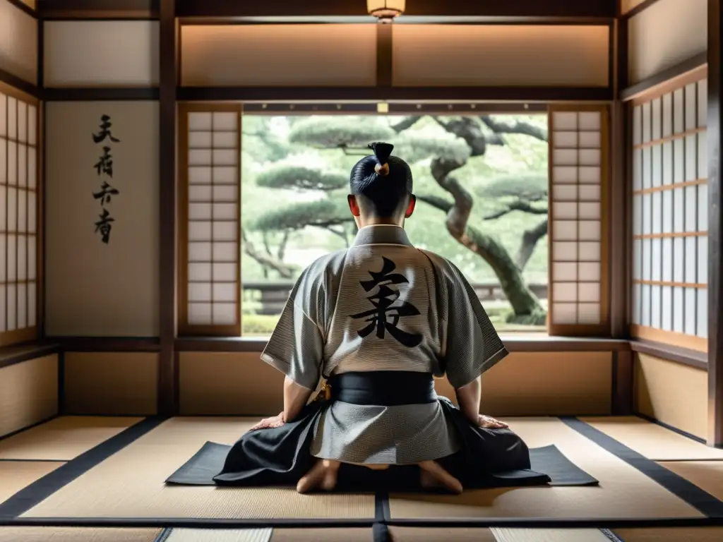 Imagen en blanco y negro de un samurái meditando en una sala japonesa con caligrafía y bonsáis, transmitiendo calma y concentración