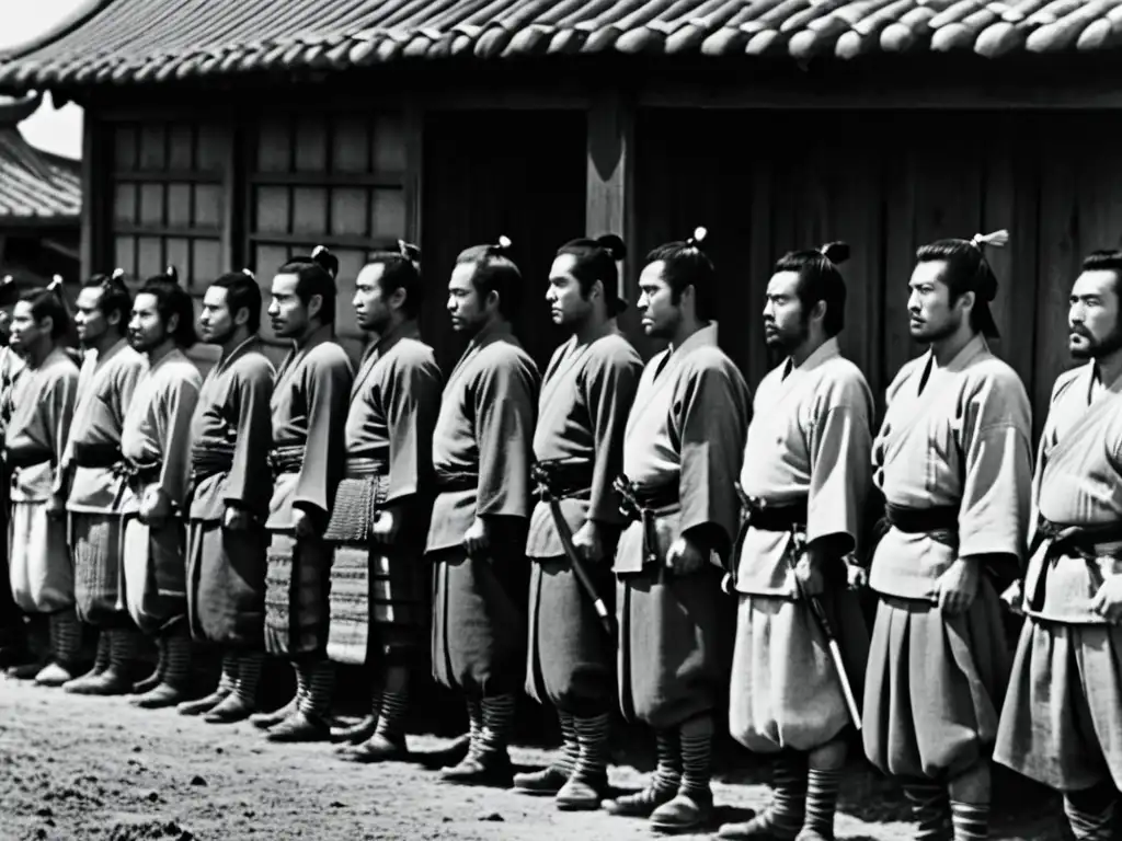 Imagen en blanco y negro de 'Los Siete Samuráis' con guerreros samuráis en fila, reflejando determinación y deber