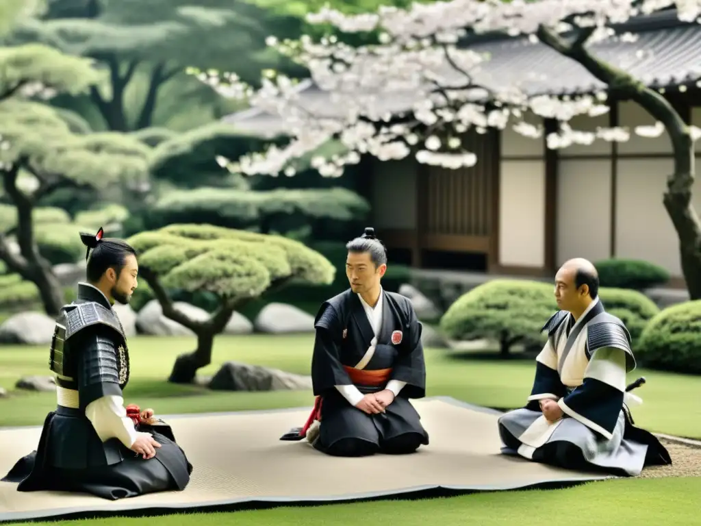 Imagen en blanco y negro de samuráis y un sacerdote jesuita en un jardín japonés, reflejando la influencia de los Jesuitas en el Japón feudal