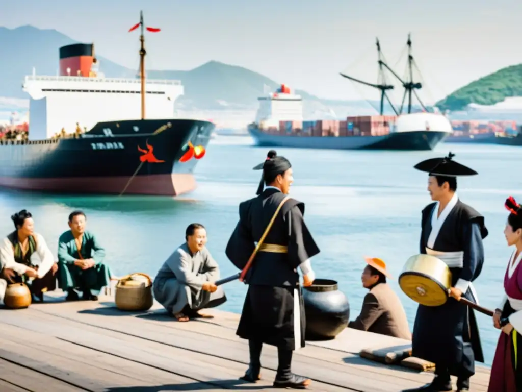 Imagen en blanco y negro de samuráis en un puerto, comerciando con extranjeros, reflejando el comercio samurái y las relaciones internacionales durante la era Meiji