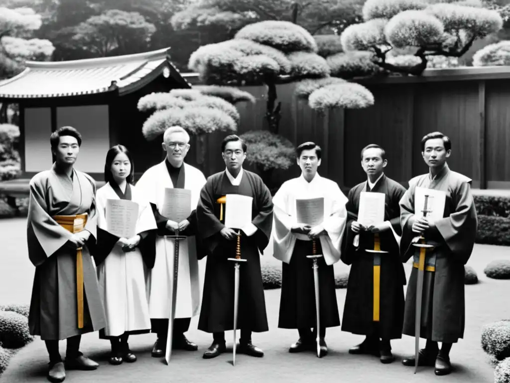 Imagen en blanco y negro de samuráis y misioneros jesuitas dialogando en un jardín japonés, reflejando la compleja relación entre ambas culturas