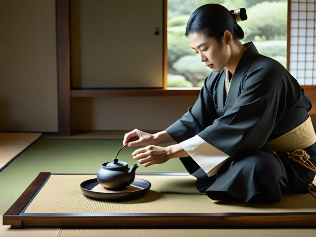 Imagen en blanco y negro de una serena ceremonia del té japonés, reflejando la influencia de la filosofía samurái en el intercambio exterior