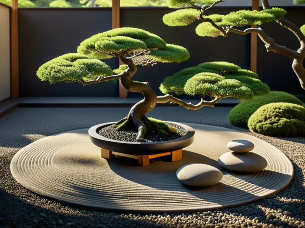 Imagen en blanco y negro de un sereno jardín Zen japonés, con grava cuidadosamente rastrillada, piedras cubiertas de musgo y un bonsái al fondo