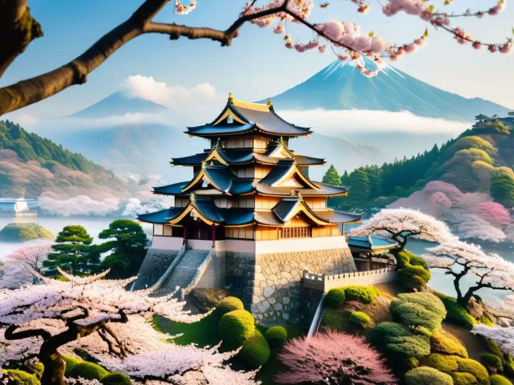 Imagen de un castillo japonés rodeado de cerezos en flor, evocando la Unificación Japón Tokugawa Ieyasu en una escena serena y atemporal