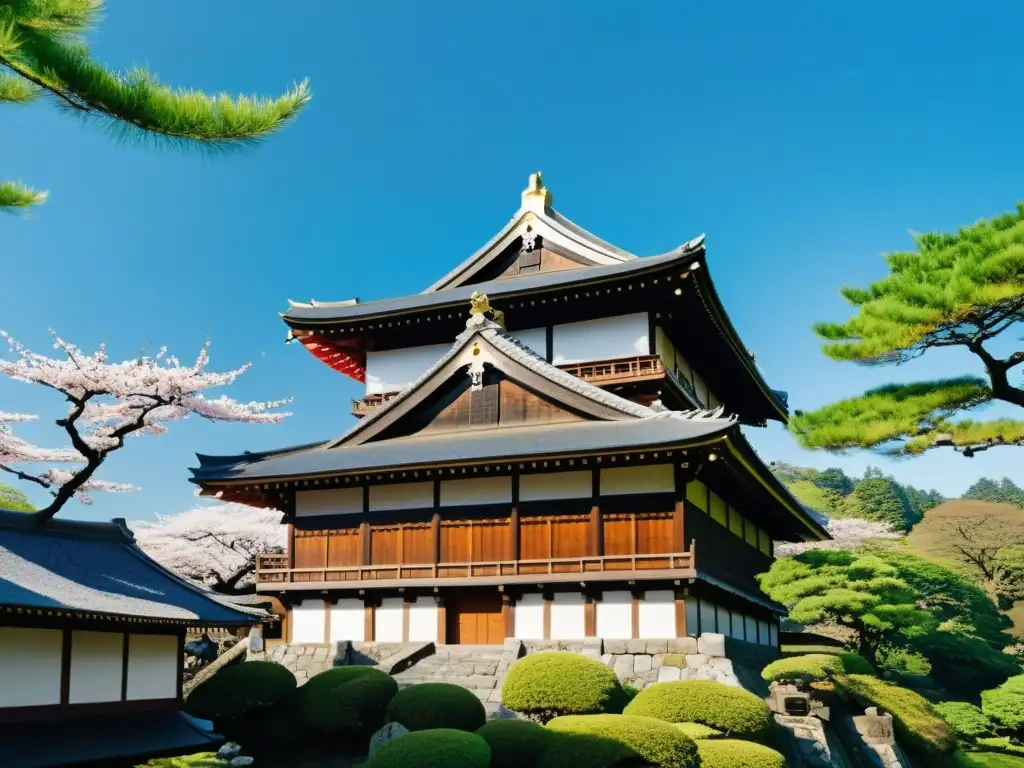 Imagen de un castillo samurái japonés rodeado de exuberante naturaleza y cielo azul, ideal para Apps de realidad aumentada castillos samuráis