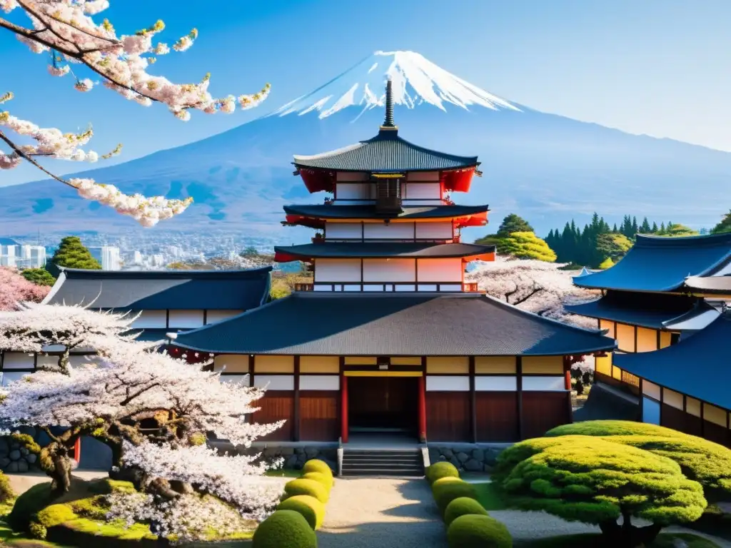 Imagen de un castillo samurái japonés rodeado de cerezos en flor, con el Monte Fuji al fondo