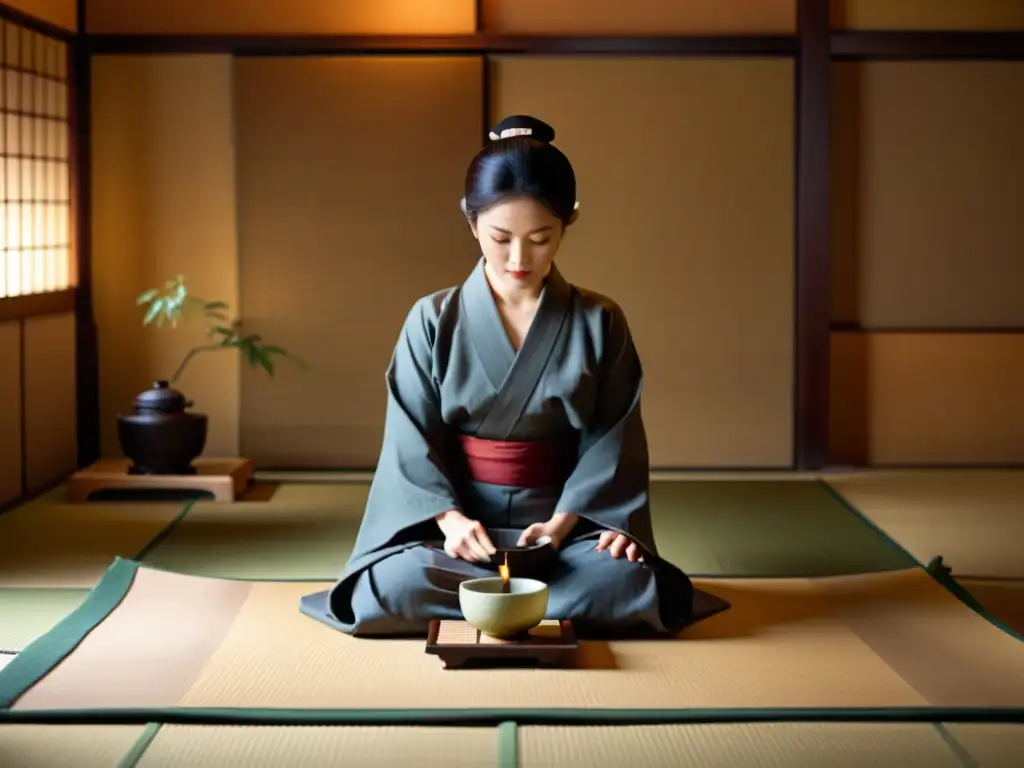 Una imagen de una ceremonia del té japonés en una elegante habitación tatami, capturando la esencia espiritual del samurái