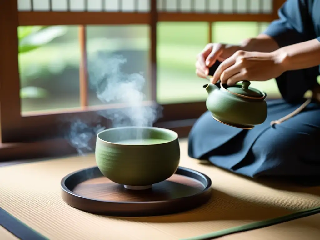 Imagen de una ceremonia del té japonés en una habitación tatami, capturando la esencia meditativa y espiritual del zen en cine