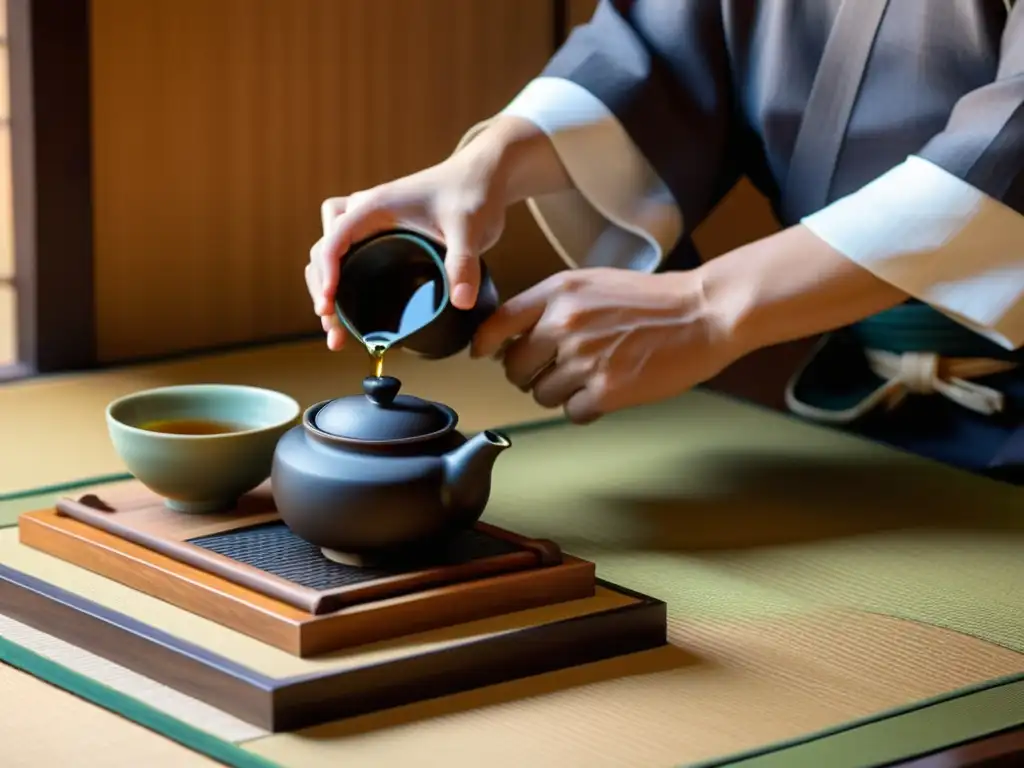 Imagen de una ceremonia del té japonés con influencia samurái en etiqueta, destacando movimientos precisos y atmósfera serena