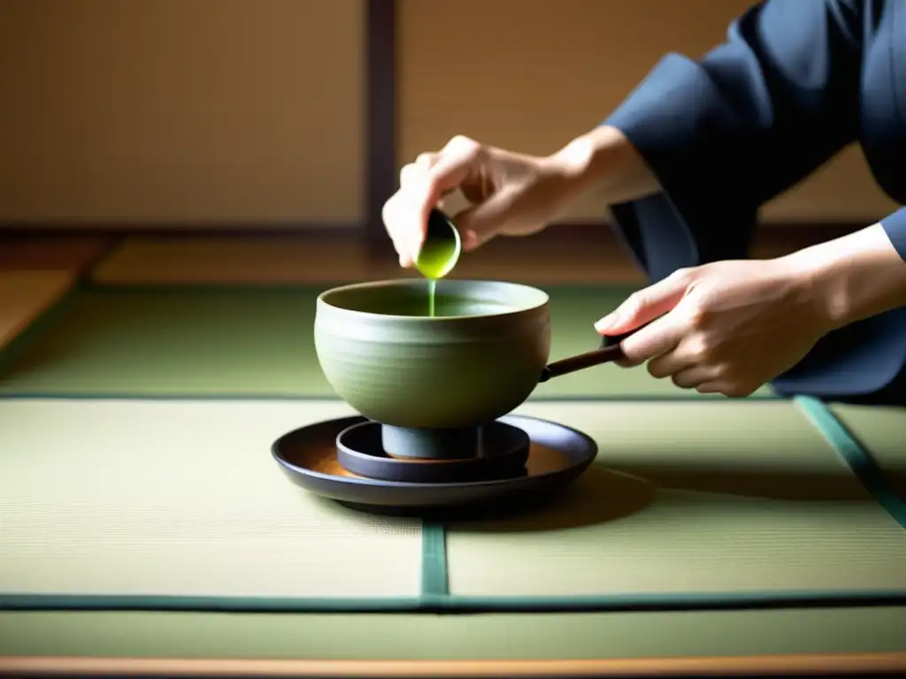 Imagen de una ceremonia del té japonés en una sala minimalista, iluminada suavemente