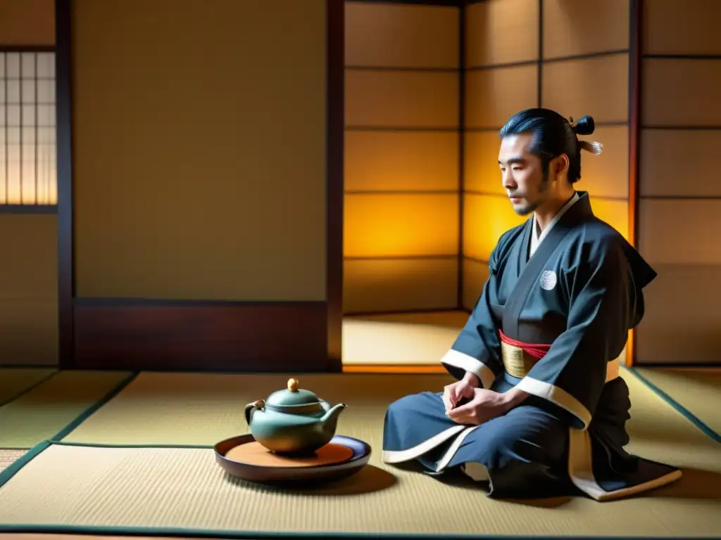 Samurai en ceremonia de té: delicadeza y tradición japonesa Imagen 8k de ceremonia del té japonés con samurái y maestro