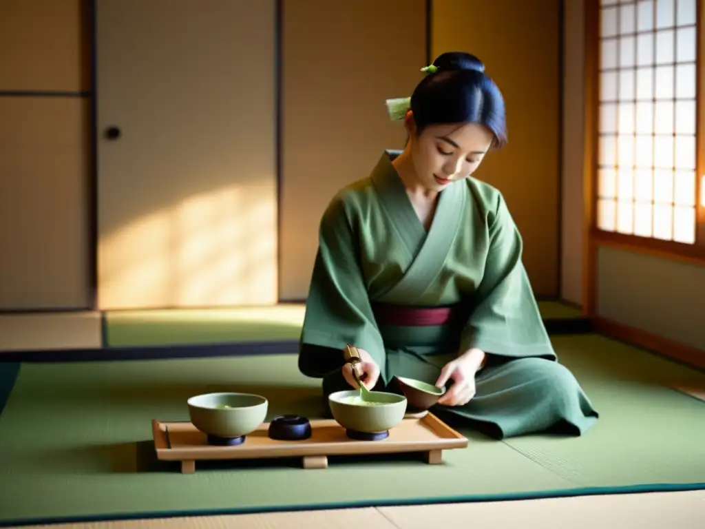 Imagen de una ceremonia del té japonés en un tatami, que muestra la filosofía y arte de los samuráis con gracia y serenidad