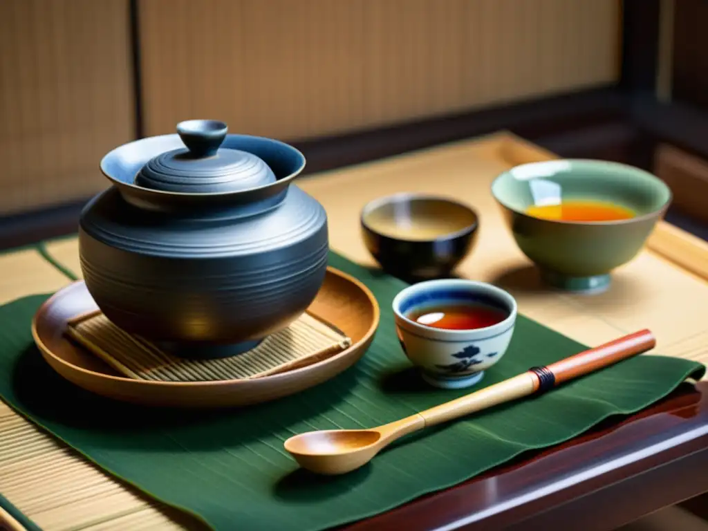 Imagen de una ceremonia del té japonés con utensilios de artesanía, destacando la estética cultural de la gastronomía samurái